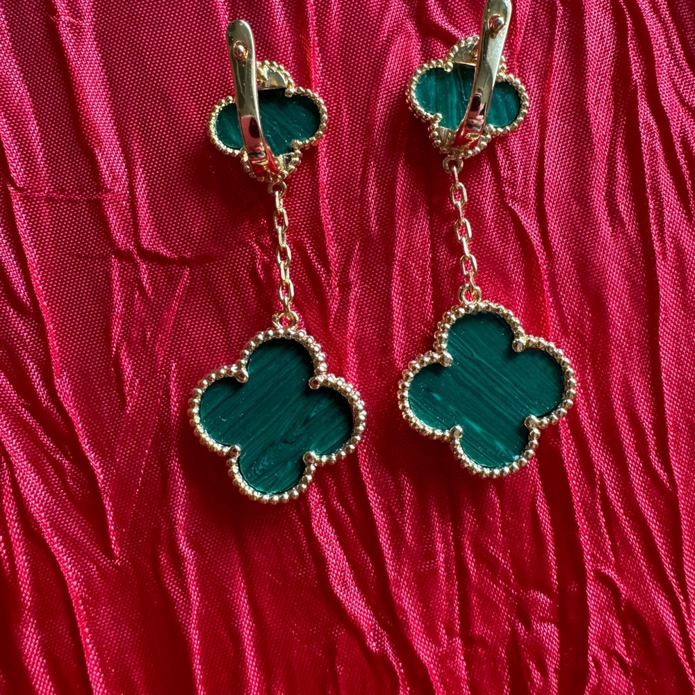 Clover Malachite Clover Stud Dangle Earrings 925 … - image 2